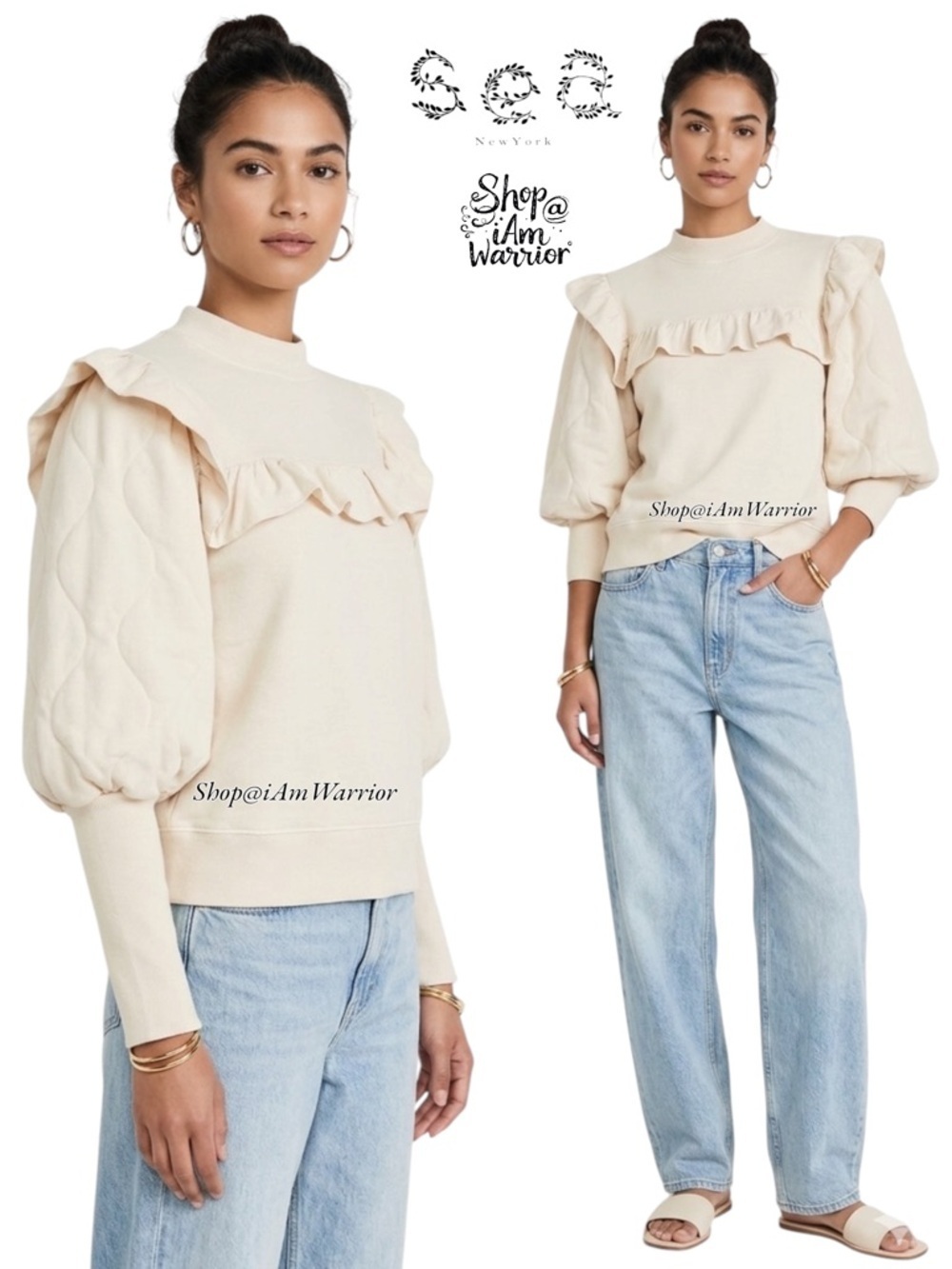 Sea NY ecru ruffled puff sleeve cottagecore pullover sweatshirt *shop@iamwarrior